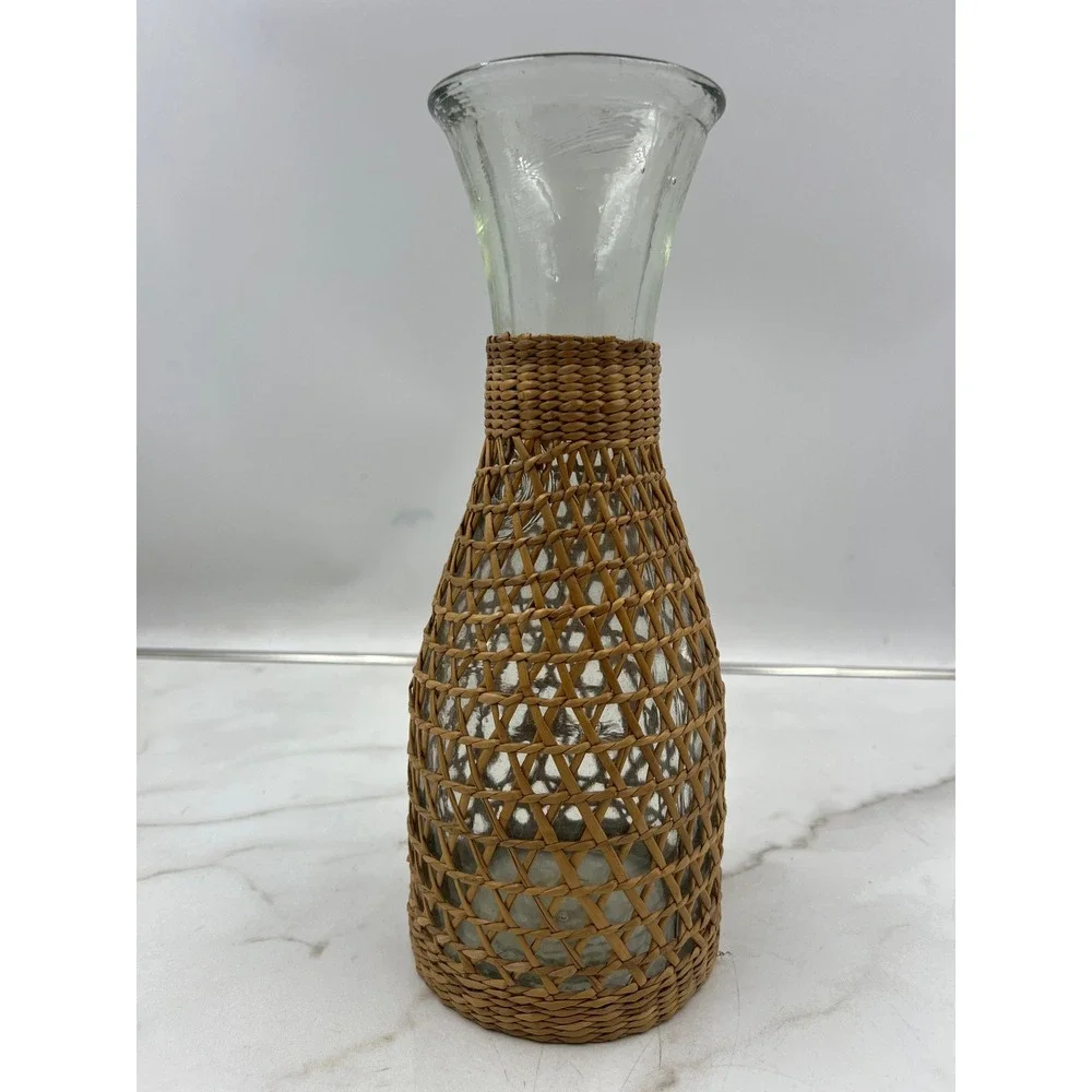 World Market Woven Wicker Glass Carafe Vase Coastal Boho Decorative 10.5
